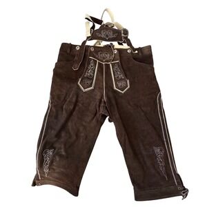 Brown Suede Lederhosen Bavarian German Oktoberfest‎ Suspenders Embroidery 42"